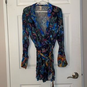 Pattern floral and colourful shirt dress top blazer/cardigan silk with tie belt